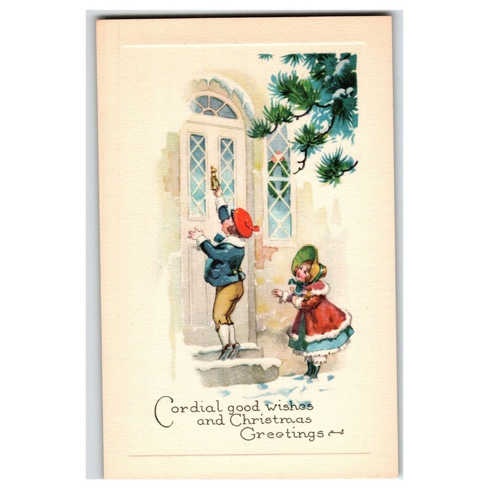Vintage Christmas Postcard Children Caroling Snowy Doorstep Gibson Art Co.